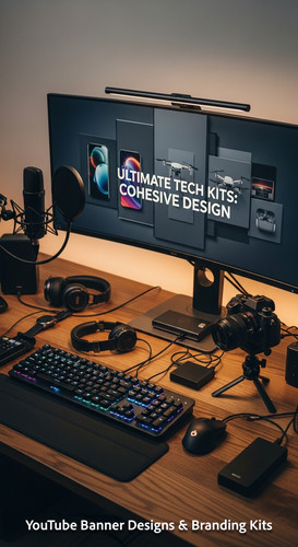 A tech reviewers desk with gadgets and a monitor showing a multipanel tech banner overlay text Ultim.jpg
