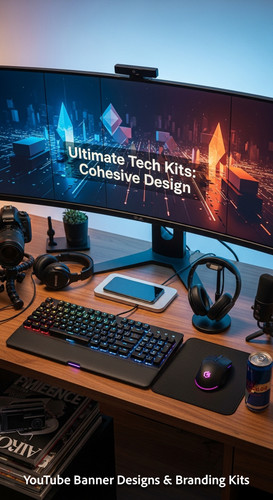 A tech reviewers desk with gadgets and a monitor showing a multipanel tech banner overlay text Ultim.jpg