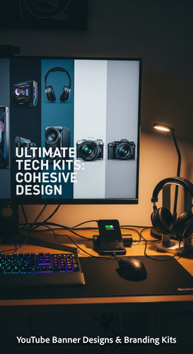 A tech reviewers desk with gadgets and a monitor showing a multipanel tech banner overlay text Ultim.jpg