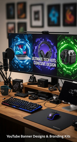 A tech reviewers desk with gadgets and a monitor showing a multipanel tech banner overlay text Ultim.jpg