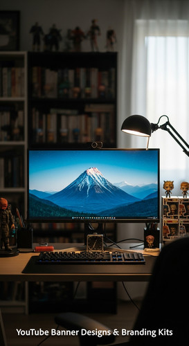 A tech reviewers desk with gadgets and a monitor showing a multipanel tech banner overlay text Ultim.jpg