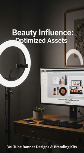 A vloggers setup with a ring light and a monitor showing a cohesive beauty channel kit overlay text .jpg