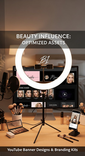 A vloggers setup with a ring light and a monitor showing a cohesive beauty channel kit overlay text .jpg