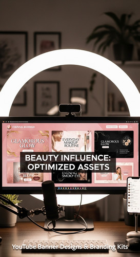 A vloggers setup with a ring light and a monitor showing a cohesive beauty channel kit overlay text .jpg