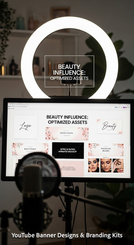 A vloggers setup with a ring light and a monitor showing a cohesive beauty channel kit overlay text .jpg
