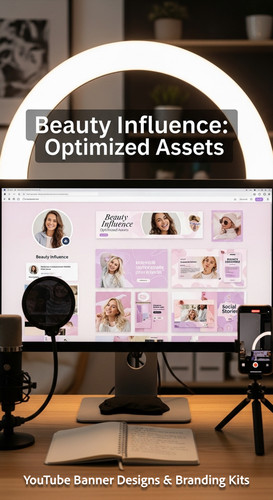 A vloggers setup with a ring light and a monitor showing a cohesive beauty channel kit overlay text .jpg