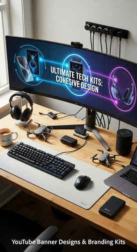 A tech reviewers desk with gadgets and a monitor showing a multipanel tech banner overlay text Ultim.jpg
