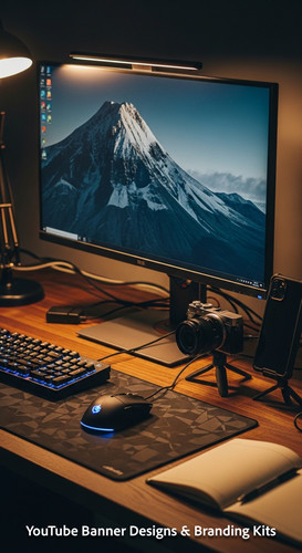 A tech reviewers desk with gadgets and a monitor showing a multipanel tech banner overlay text Ultim.jpg