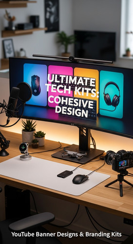 A tech reviewers desk with gadgets and a monitor showing a multipanel tech banner overlay text Ultim.jpg