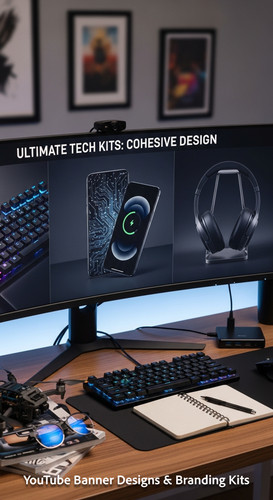 A tech reviewers desk with gadgets and a monitor showing a multipanel tech banner overlay text Ultim.jpg