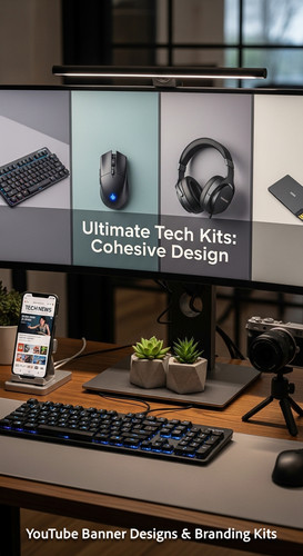 A tech reviewers desk with gadgets and a monitor showing a multipanel tech banner overlay text Ultim.jpg