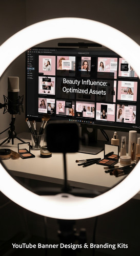A vloggers setup with a ring light and a monitor showing a cohesive beauty channel kit overlay text .jpg