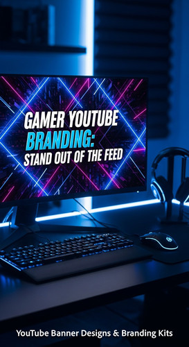 Dark mode workspace with blue LED backlighting a gaming monitor displaying an edgy neon banner desig.jpg