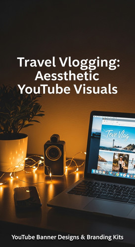 A vloggers setup with fairy lights and a laptop showing a travel vlog thumbnail overlay text Travel .jpg