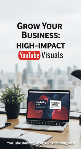 A workspace with a city view a laptop showing a marketing channel art design overlay text Grow Your .jpg