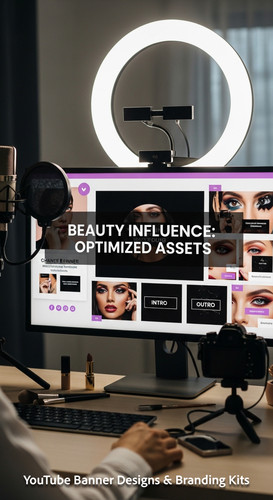 A vloggers setup with a ring light and a monitor showing a cohesive beauty channel kit overlay text .jpg
