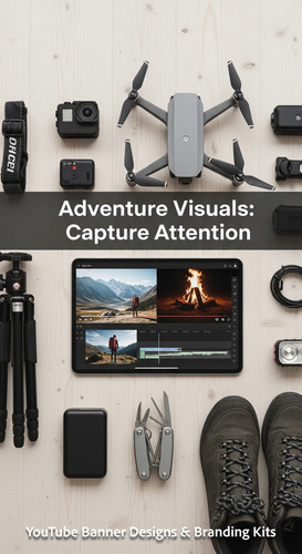 Minimalist flat lay of outdoor gear and a tablet showing a cohesive adventure vlog kit overlay text .jpg