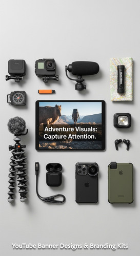 Minimalist flat lay of outdoor gear and a tablet showing a cohesive adventure vlog kit overlay text .jpg
