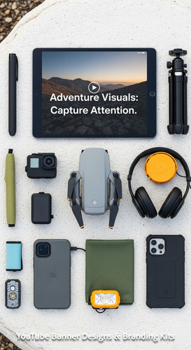 Minimalist flat lay of outdoor gear and a tablet showing a cohesive adventure vlog kit overlay text .jpg