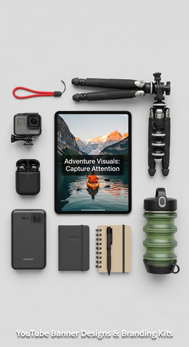 Minimalist flat lay of outdoor gear and a tablet showing a cohesive adventure vlog kit overlay text .jpg