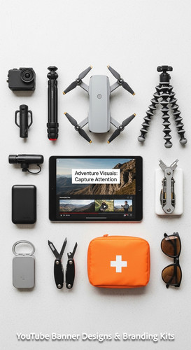 Minimalist flat lay of outdoor gear and a tablet showing a cohesive adventure vlog kit overlay text .jpg