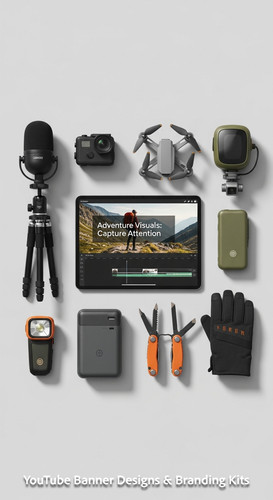 Minimalist flat lay of outdoor gear and a tablet showing a cohesive adventure vlog kit overlay text .jpg