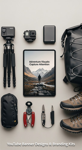 Minimalist flat lay of outdoor gear and a tablet showing a cohesive adventure vlog kit overlay text .jpg