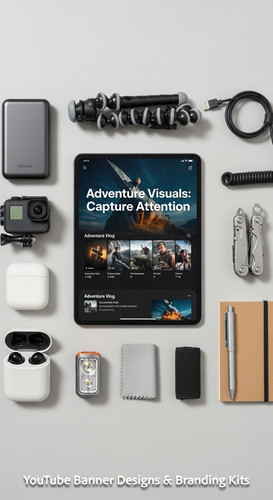 Minimalist flat lay of outdoor gear and a tablet showing a cohesive adventure vlog kit overlay text .jpg