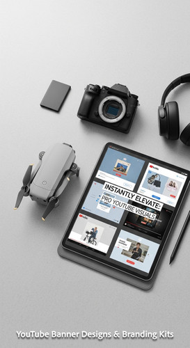 Minimalist flat lay of camera gear and a tablet displaying a cohesive YouTube thumbnail set overlay .jpg