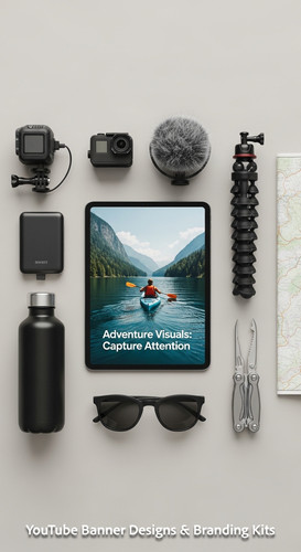 Minimalist flat lay of outdoor gear and a tablet showing a cohesive adventure vlog kit overlay text .jpg