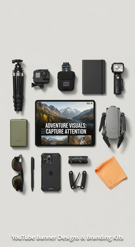 Minimalist flat lay of outdoor gear and a tablet showing a cohesive adventure vlog kit overlay text .jpg