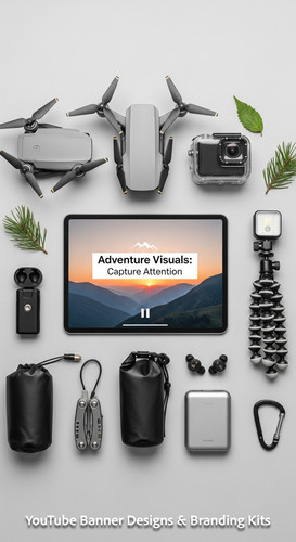 Minimalist flat lay of outdoor gear and a tablet showing a cohesive adventure vlog kit overlay text .jpg