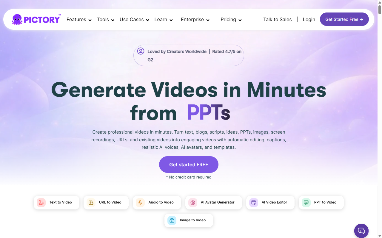 Pictory AI 메인 페이지