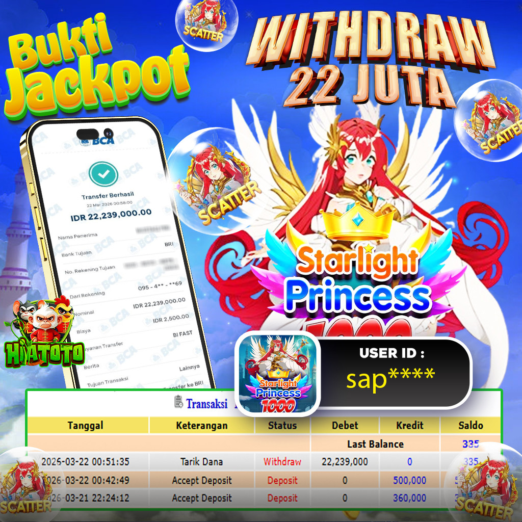 HIATOTO JACKPOT!!! Jackpot STARLIGHT PRINCESS 1000 Sebesar Rp 22.200.000 Juta Di Bayar Lunas!