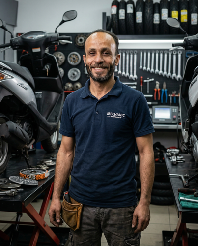 Firefly GeminiFlash A professional scooter maintenance technician standing confidently in the center.png