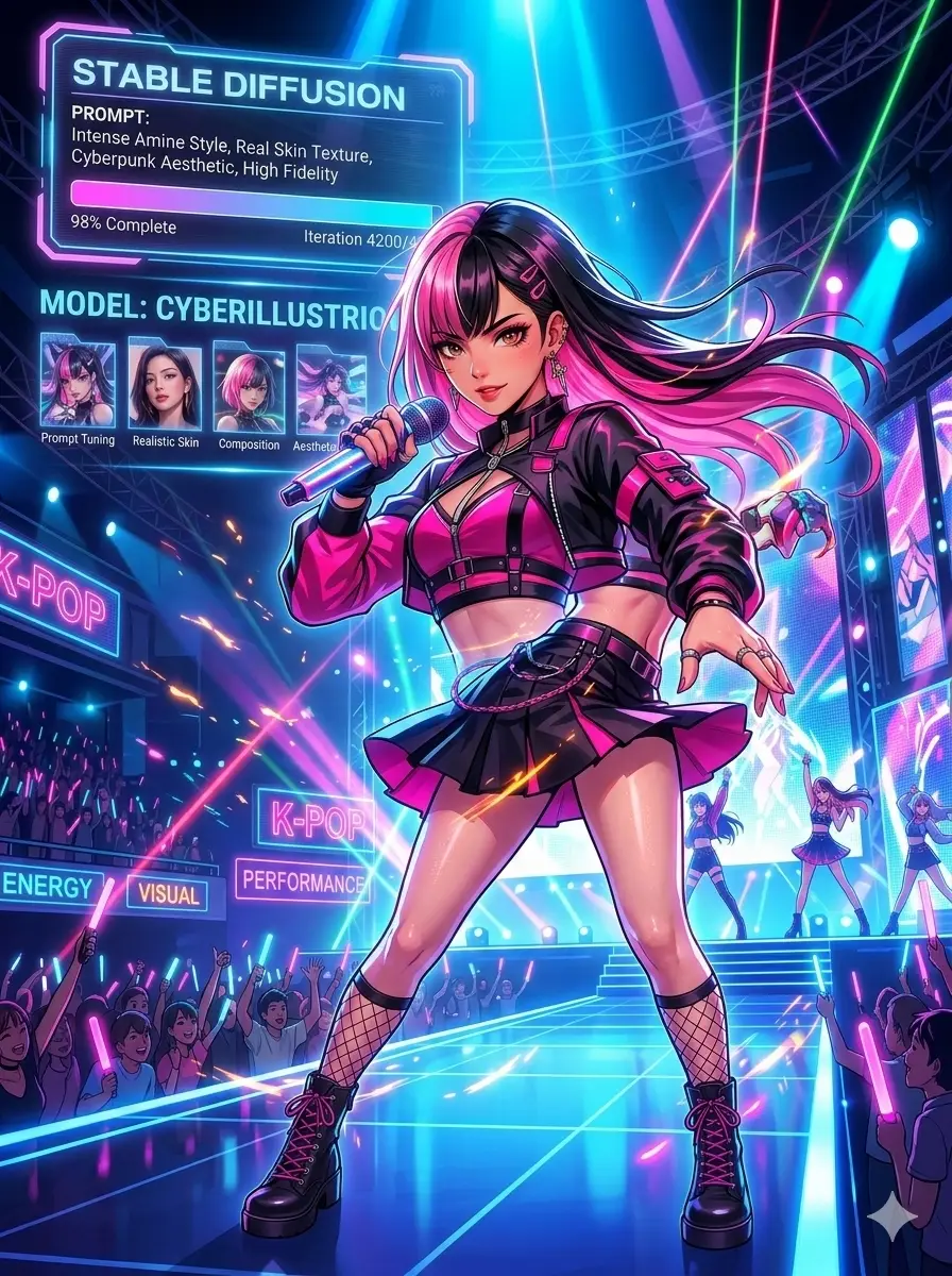 Imagen estilo anime de idol en concierto