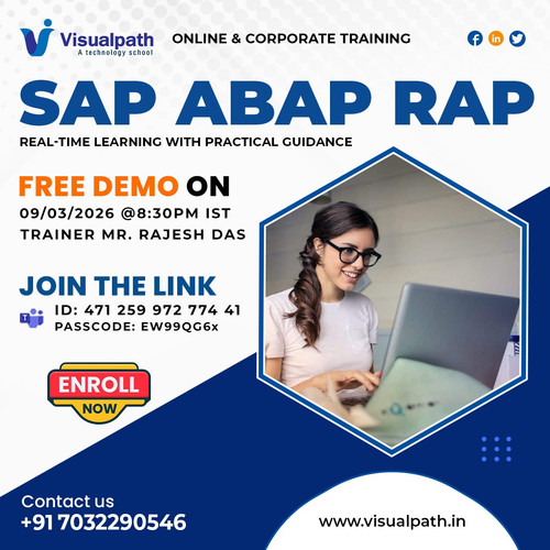 Free Online Demo: SAP ABAP RAP – March 9, 2026 
Don’t miss this opportunity to explore the power of SAP ABAP RAP in a live interactive session! Join us online and discover how it can transform modern SAP development.
Session Details
Trainer: Mr. Rajesh Das
Date: March 9th, 2026
Time: 8:30 PM IST
Join Link: https://teams.microsoft.com/meet/47125997277441?p=5zDmHsRXrcwbHmfByF
Meeting ID: 471 259 972 774 41
Passcode: EW99QG6x
What You’ll Learn
Key features and real-world benefits of SAP ABAP RAP
Insights from an industry expert with live interaction
Practical use cases in planning, forecasting, and analytics
Secure your spot today – seats are limited!
Call/WhatsApp: +91-7032290546
Visit:  https://visualpath.in/sap-abap-rap-online-training.html