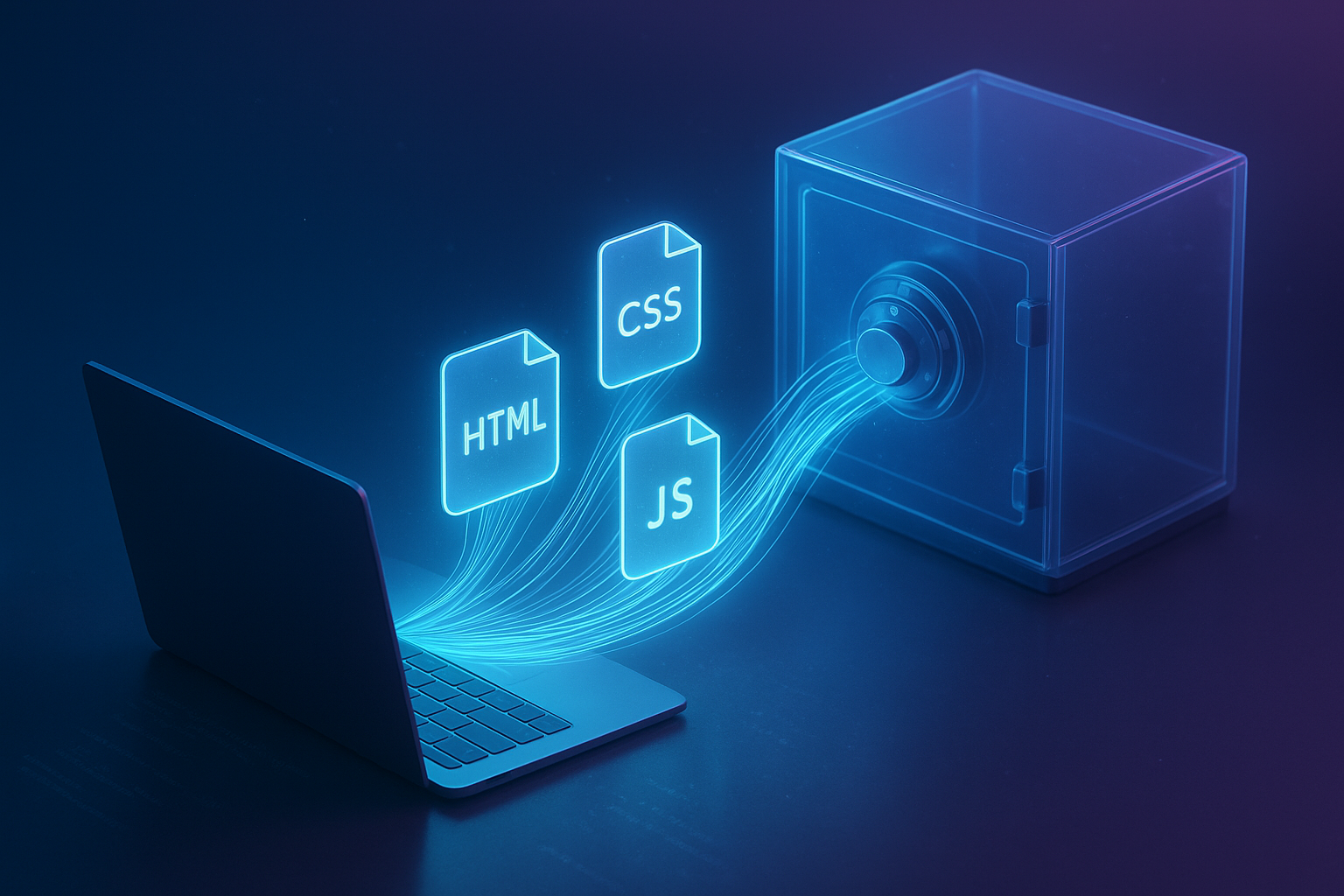 An elegant, hyperreal scene showing a minimalist laptop projecting luminous HTML, CSS, and JS file glyphs into a secure glass vault. Fiber-optic strands cradle the stream of files, representing safe, encrypted transfer. Isometric composition, cool cyan/violet gradient lighting, soft bokeh, faint code reflections on the desk surface, and delicate dust motes in the air for depth. Style: futuristic, cinematic, high-fidelity product render with glassmorphism UI overlays.