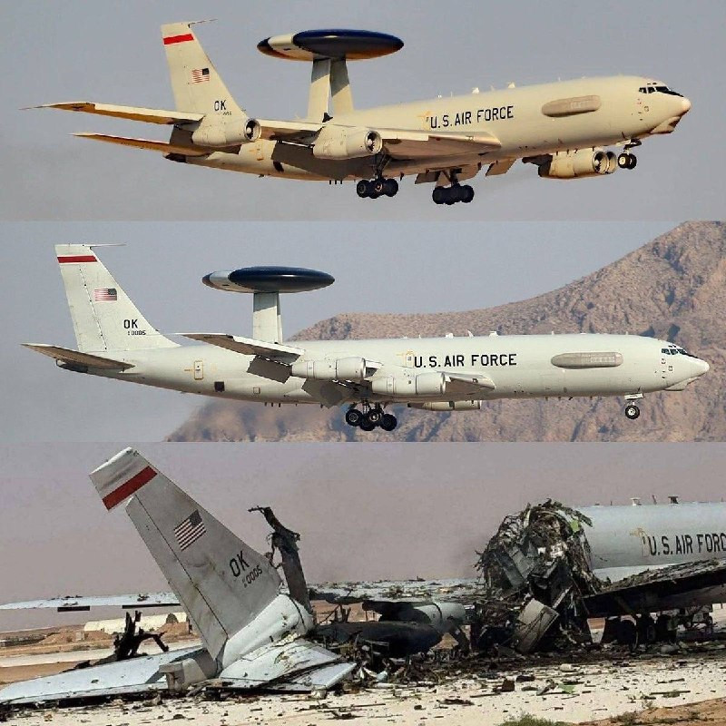 قبل وبعد أن دمرها الحرس الثوري الإيراني.. طائرة من طراز E-3 AWACS للجيش الأمريكي بعد قصف إيران استهدف قاعدة الملك سلطان في السعودية...