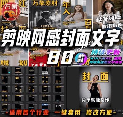 9.9元自费购买素材！81套最新剪映封面预设模版素材，行业通用万能封面模板