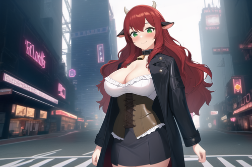 matrix, cyberpunk, town, tower, readhead, frilly shirt, cleavage, large breasts, round breasts, fake.png
