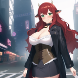matrix, cyberpunk, town, tower, readhead, frilly shirt, cleavage, large breasts, round breasts, fake