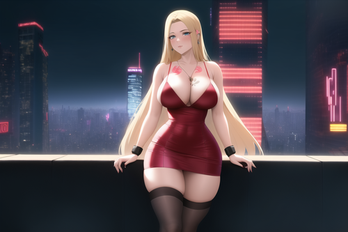 woman watching the city, cyberpunk, red short dress, wide hips, tattoo, science fiction, stockings, .png