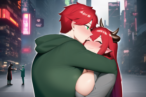 cyberpunk, street, red hair, male, grey hoodie, hug, man and woman, short male, tall woman, garter, .png