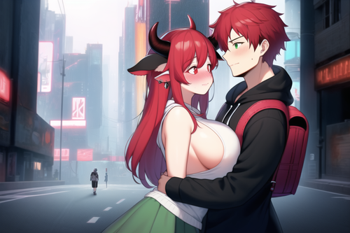 cyberpunk, street, red hair, male, grey hoodie, hug, man and woman, short male, tall woman, garter, .png