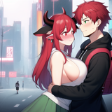 cyberpunk, street, red hair, male, grey hoodie, hug, man and woman, short male, tall woman, garter, 
