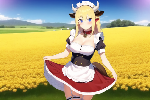 farm, field, blonde, frilly shirt, garter, red skirt, medium breasts, cowgirl, collar, horns, tail, .png