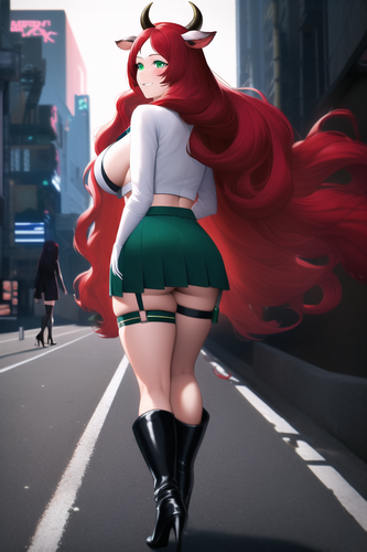 cyberpunk, street, woman, from behind, walking, red hair, long hair, wavy hair, dark green skirt, wh.png