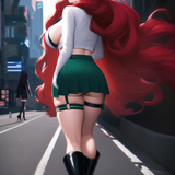 cyberpunk, street, woman, from behind, walking, red hair, long hair, wavy hair, dark green skirt, wh