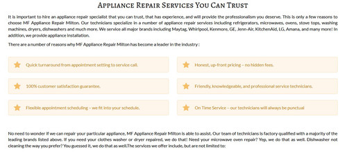 MF Appliance Repair Milton
190 Gleave Terrace
Milton, ON L9T 7B3
(289) 270-2324

https://mfappliancerepairmilton.ca/